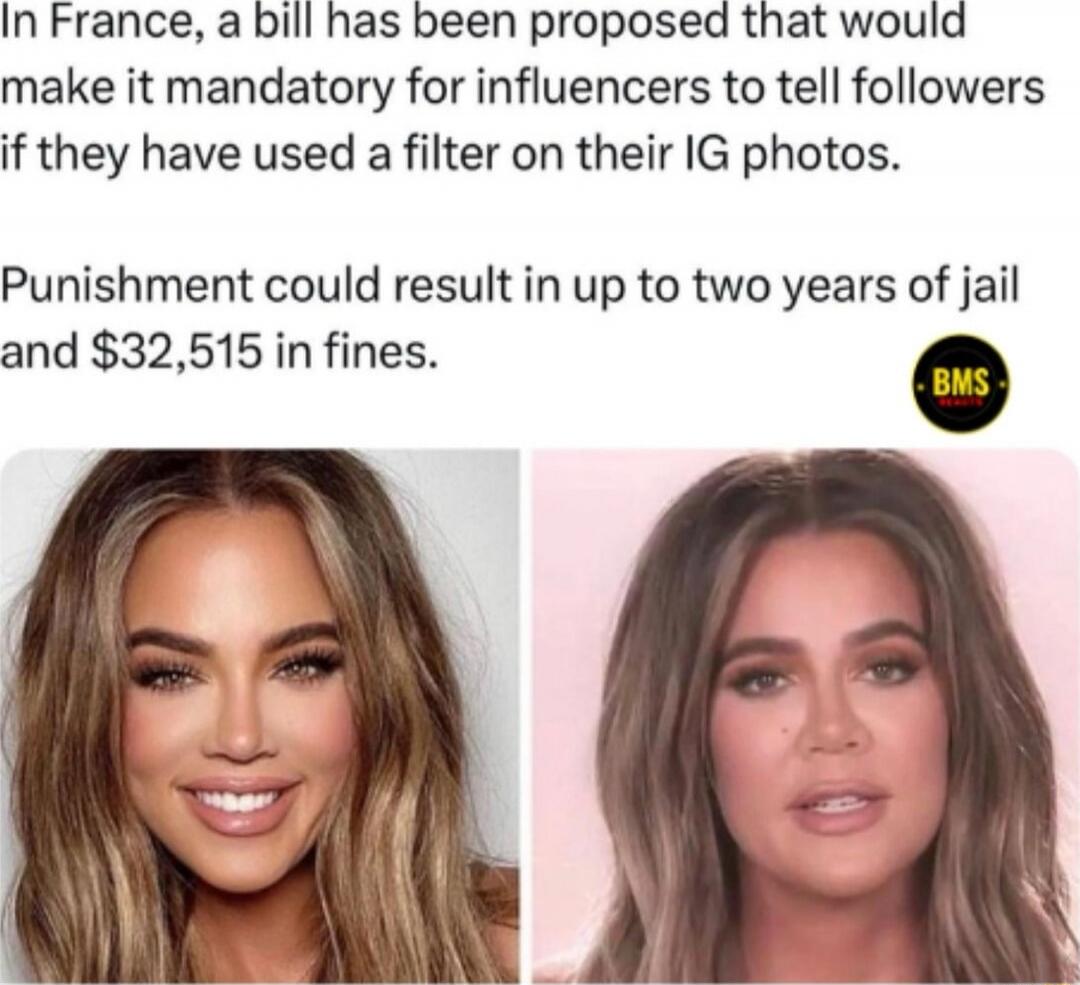 In France, a bill has been proposed that would make it mandatory for influencers to tell followers if they have used a filter on their IG photos. Punishment could result in up to two years of jail and $32,515 in fines.