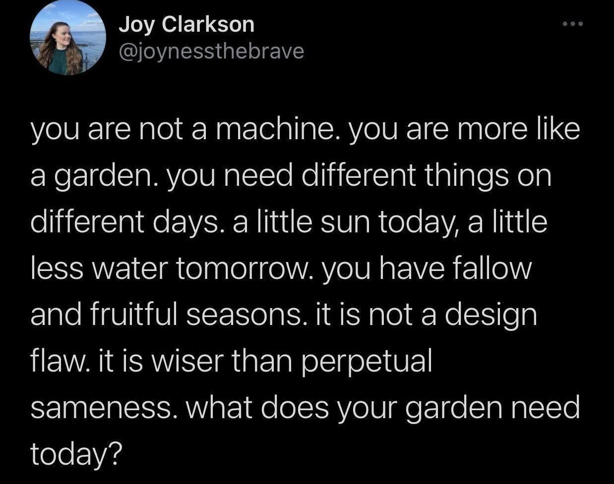 Joy Clarkson joynessthebrave you are not a machine you are more like cXeE1e SIaMY eIV RalTTe NellaicigIa Rt allglefsXey different days a little sun today a little SRV I elpglel oAU R s EVR 21 oY and fruitful seasons it is not a design flaw it is wiser than perpetual sameness what does your garden need today