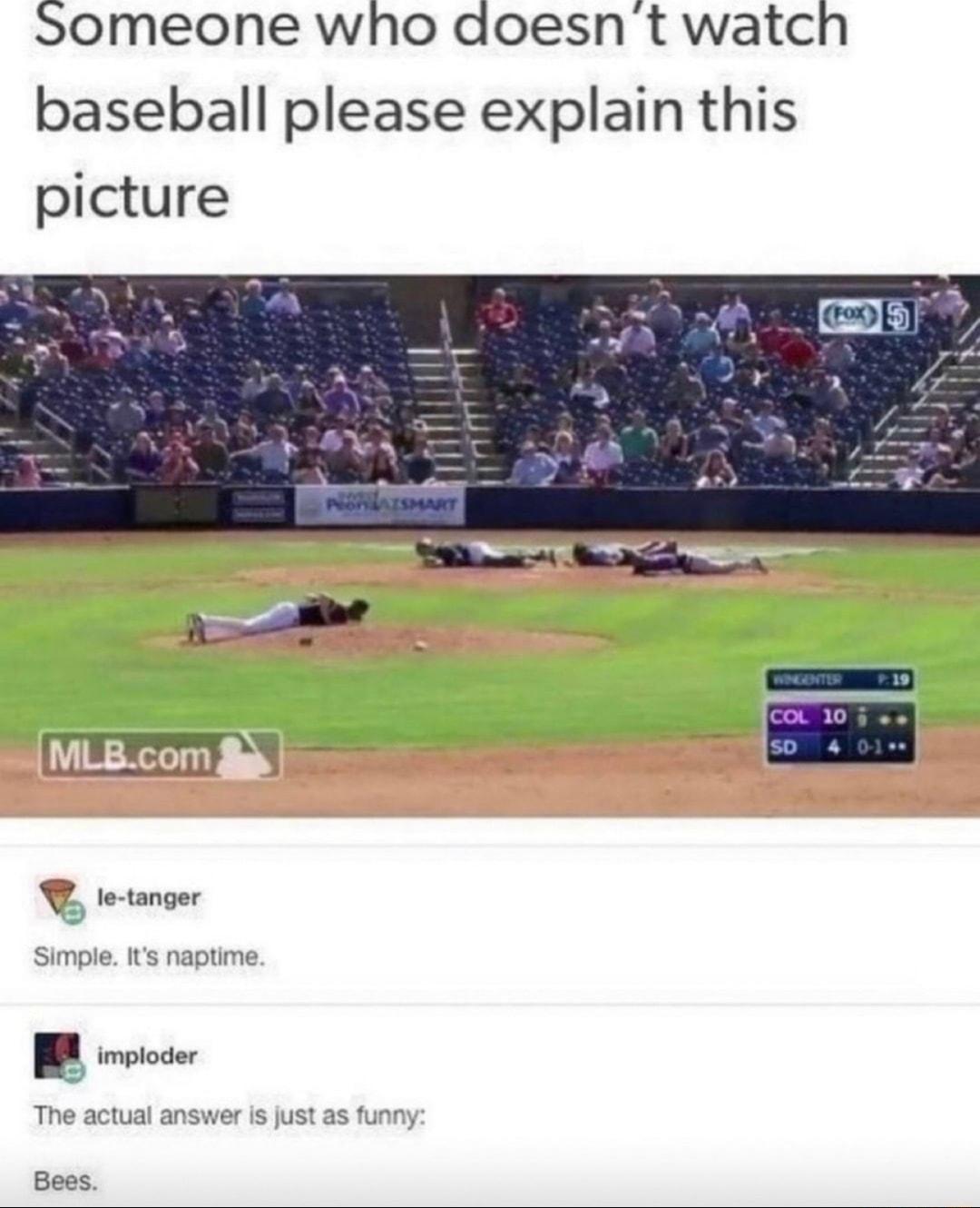 Someone who doesnt watch baseball please explain this picture Simple Its naptime Y The actual answer isjust as funny Bess