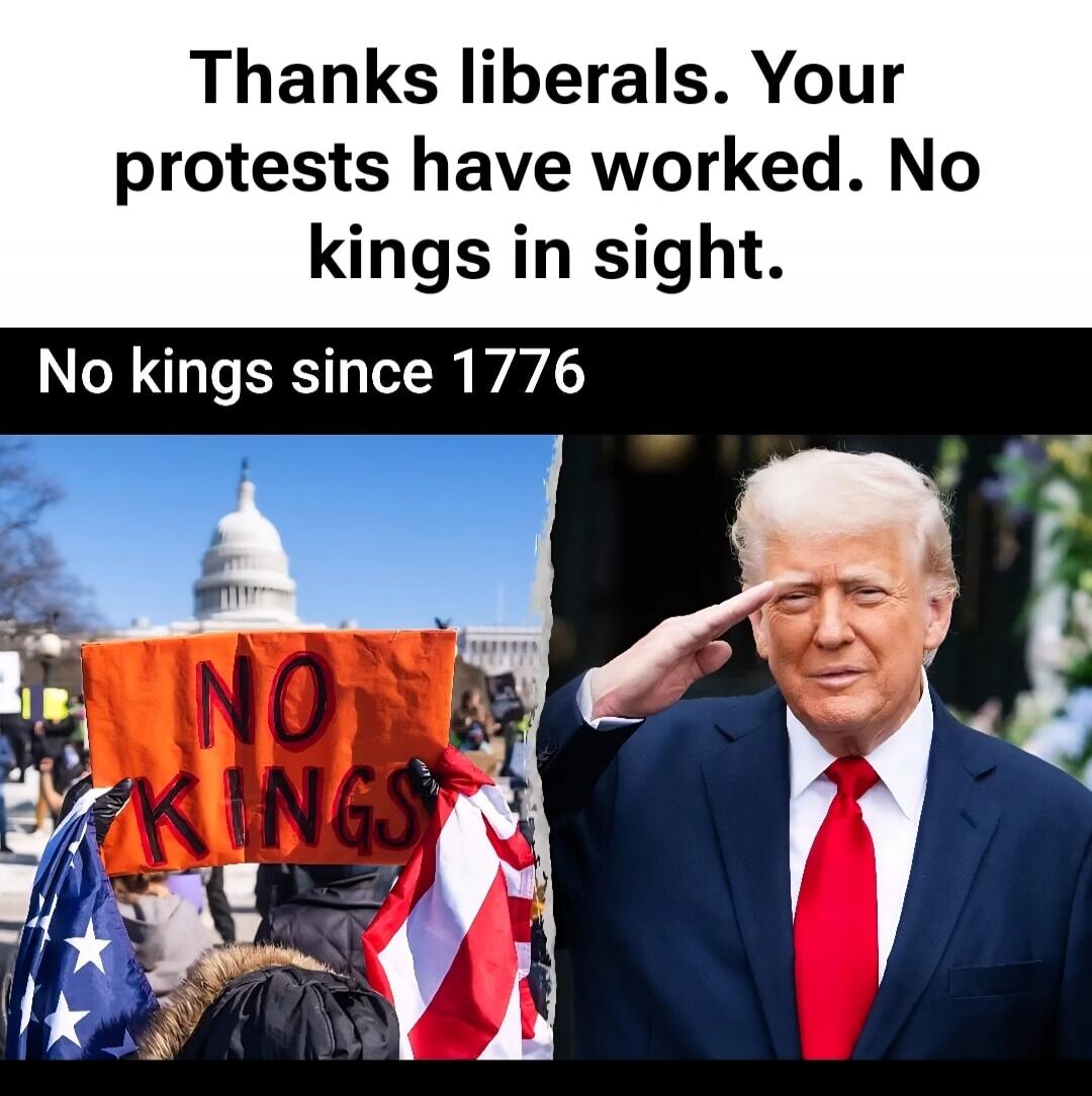 Thanks liberals. Your protests have worked. No kings in sight. No kings since 1776. NO KINGS.