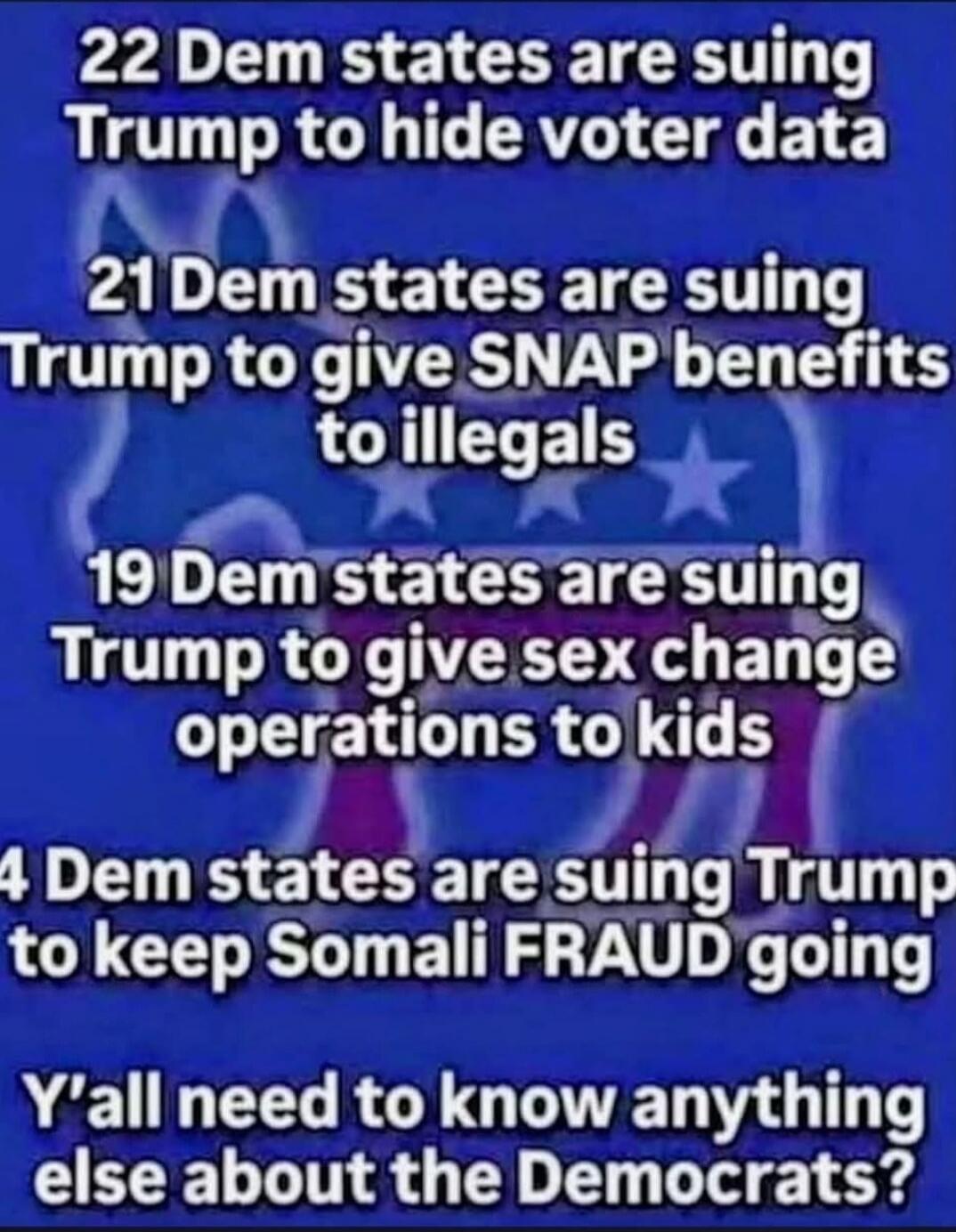 22 Dem states are suing Trump to hide voter data. 21 Dem states are suing Trump to give SNAP benefits to illegals. 19 Dem states are suing Trump to give sex change operations to kids. 4 Dem states are suing Trump to keep Somali FRAUD going. Y'all need to know anything else about the Democrats?