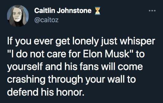 5 Caitlin Johnstone X 11 074 If you ever get lonely just whisper e l g Tel e T1R o Ie o VVE l o yourself and his fans will come crashing through your wall to defend his honor