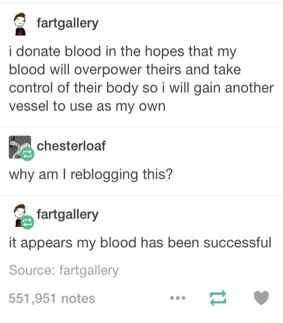 g fartgallery i donate blood in the hopes that my blood will overpower theirs and take control of their body so i will gain another vessel to use as my own B chesterloaf why am reblogging this fartgallery it appears my blood has been successful Source fartgallery 551951 notes e 2