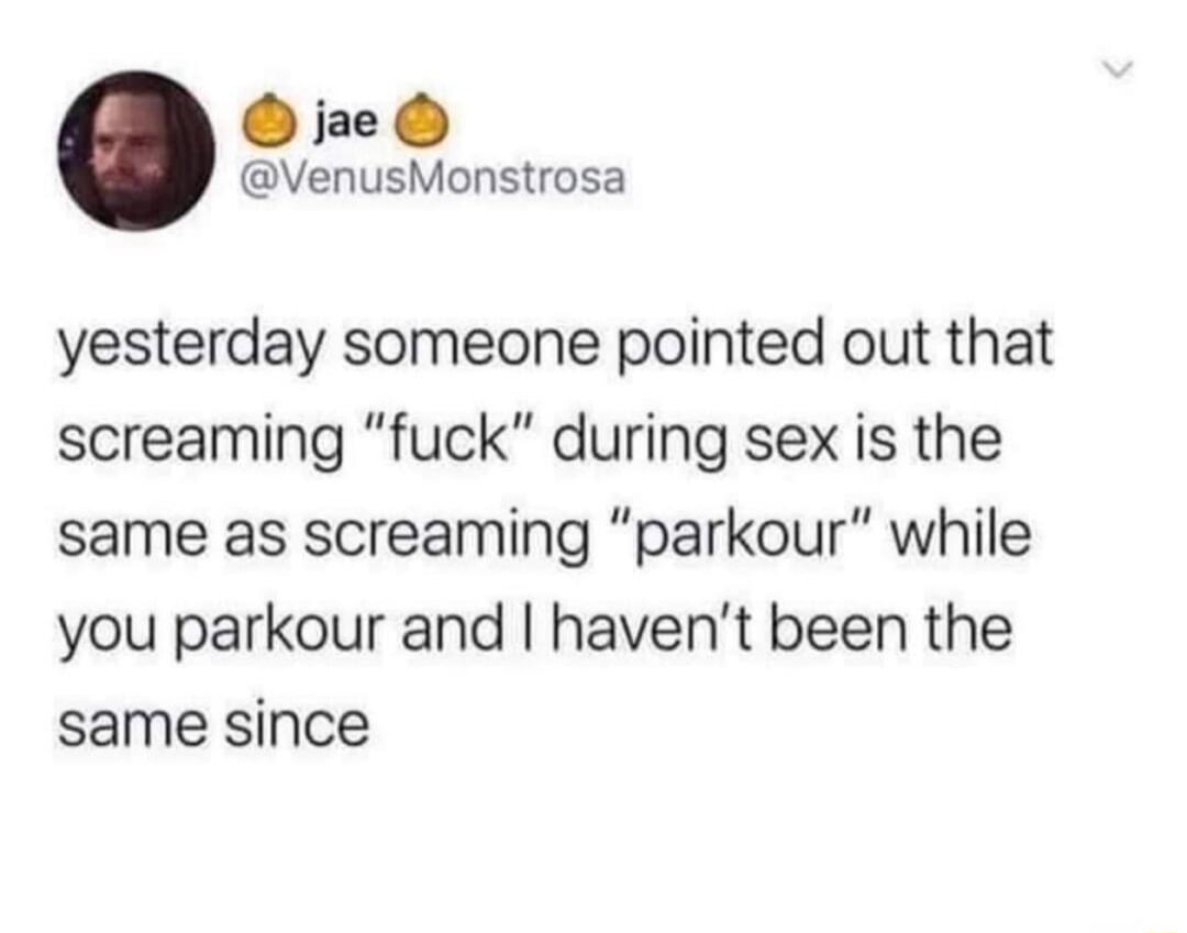 yesterday someone pointed out that screaming 'fuck' during sex is the same as screaming 'parkour' while you parkour and I haven't been the same since