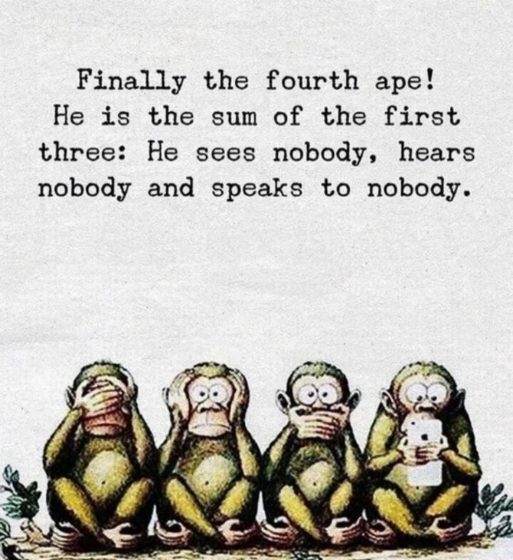 Finally the fourth ape! He is the sum of the first three: He sees nobody, hears nobody and speaks to nobody.