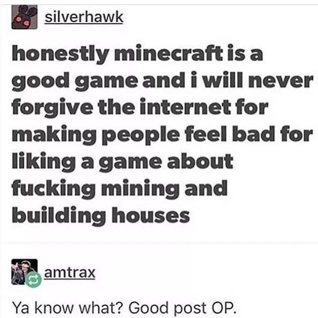 silverhawk honestly minecraftis a good game and i will never forgive the internet for making people feel bad for liking a game about fucking mining and building houses Ramtrax Ya know what Good post OP