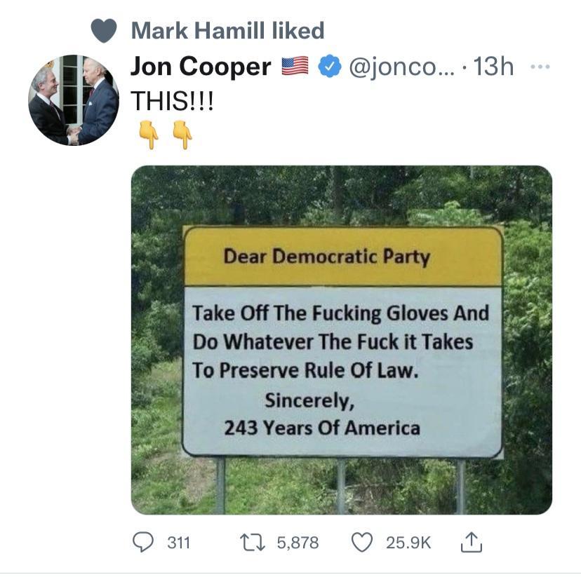 Mark Hamill liked Jon Cooper jonco 13h THIS 7 Dear Democratic Party I Take Off The Fucking Gloves And 2 Do Whatever The Fuck it Takes To Preserve Rule Of Law Sincerely 243 Years Of America