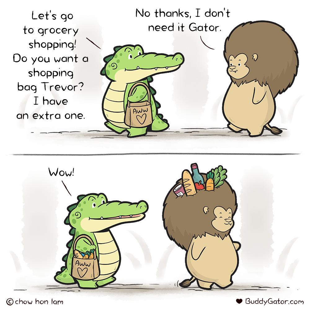 Lets go No thanks I dont to grocery need it Gator shopping Do you want a shopping bag Trevor I have an extra one chow hon lam GuddyGatorcom
