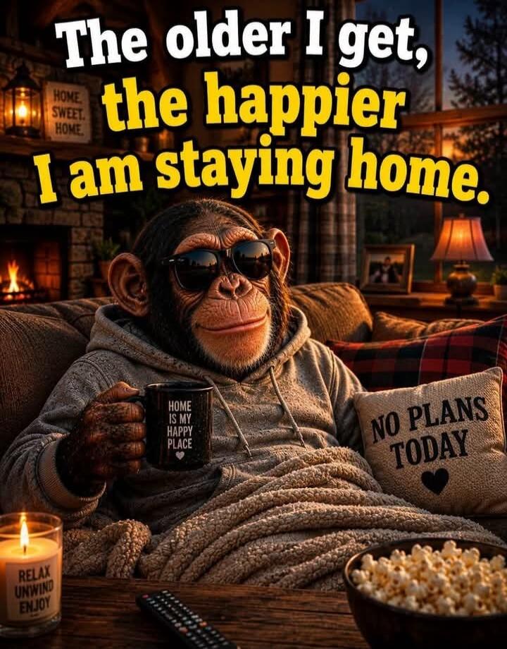 The older I get, the happier I am staying home. Home Sweet Home. Home is my happy place. No plans today. Relax unwind enjoy.