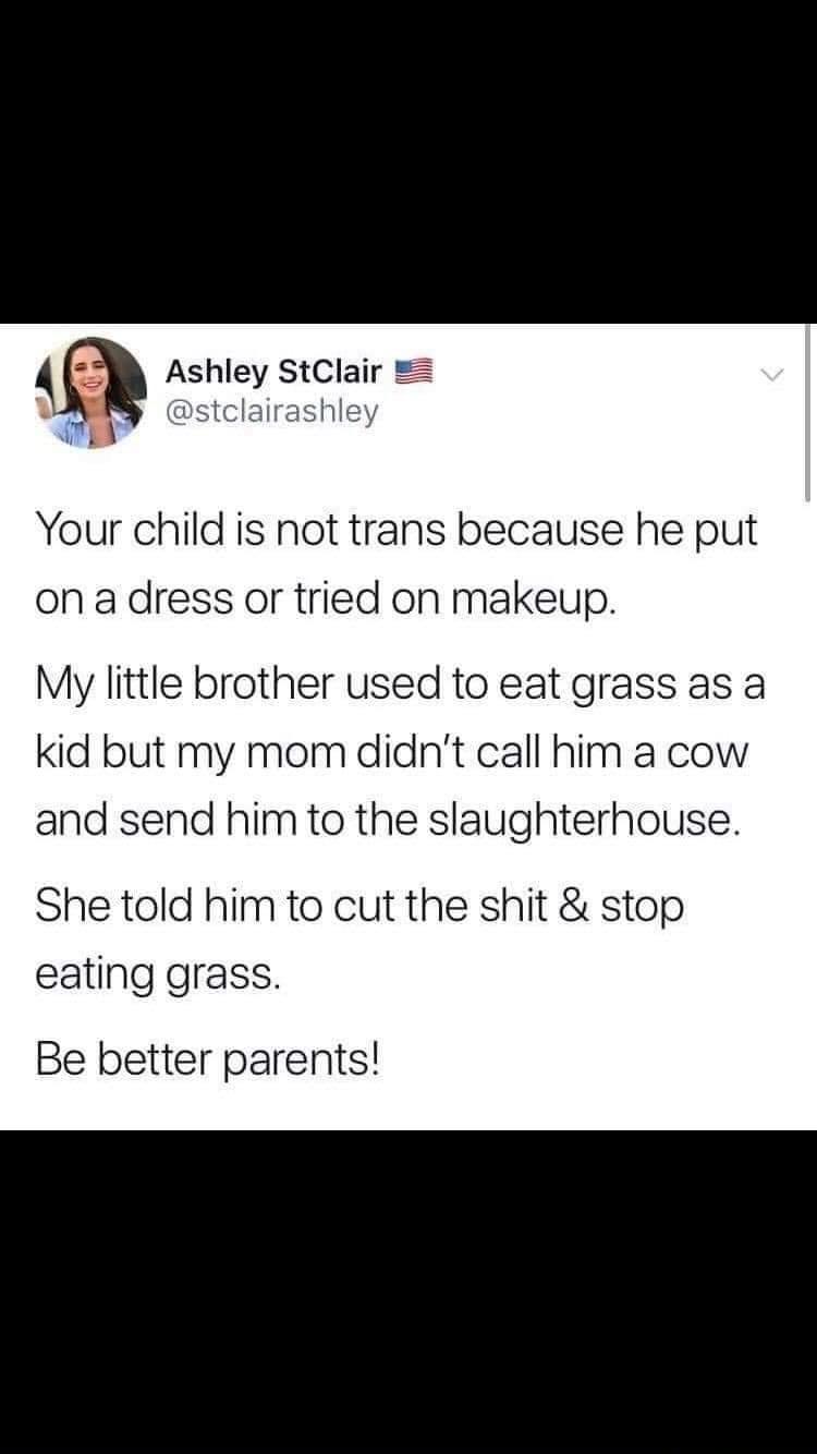 B Ashley StClair A stclairashley RN Your child is not trans because he put on a dress or tried on makeup My little brother used to eat grass as a kid but my mom didnt call him a cow and send him to the slaughterhouse She told him to cut the shit stop eating grass Be better parents