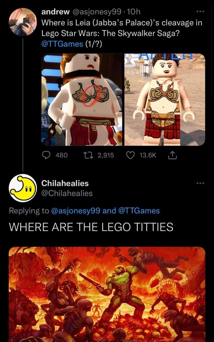 andrew asjonesy99 10h Where is Leia Jabbas Palaces cleavage in Lego Star Wars The Skywalker Saga TTGames 1 Q40 M2ss Ouek Chilahealies Gl IELEEIES Replying to asjonesy99 and TTGames WHERE ARE THE LEGO TITTIES 3 3