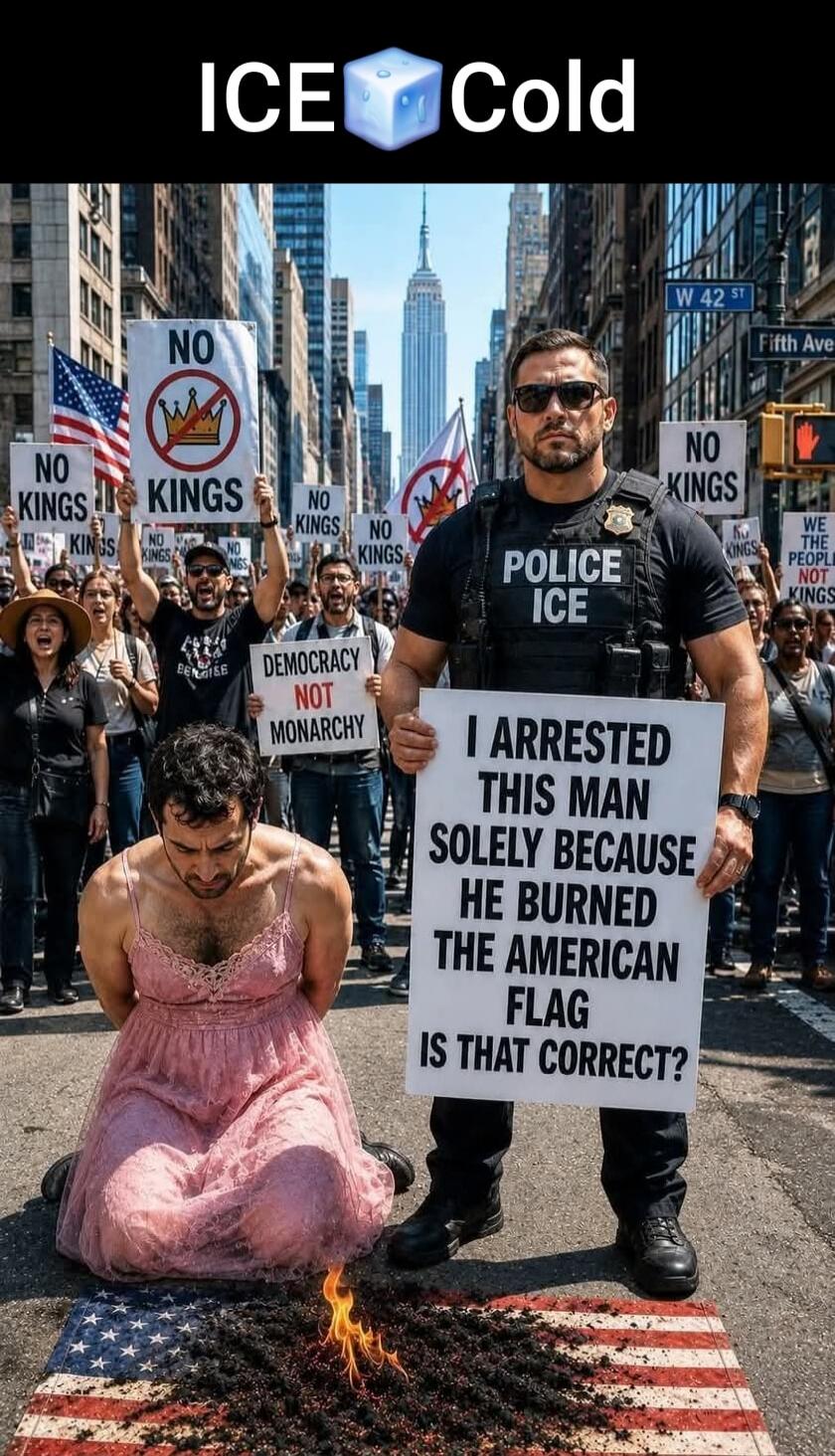 ICE 🧊 Cold. POLICE ICE. I ARRESTED THIS MAN SOLELY BECAUSE HE BURNED THE AMERICAN FLAG IS THAT CORRECT? NO KINGS. DEMOCRACY NOT MONARCHY. W 42 ST. Fifth Ave. WE THE PEOPLE NOT KINGS.