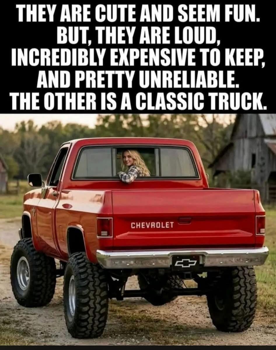 THEY ARE CUTE AND SEEM FUN. BUT, THEY ARE LOUD, INCREDIBLY EXPENSIVE TO KEEP, AND PRETTY UNRELIABLE. THE OTHER IS A CLASSIC TRUCK.
