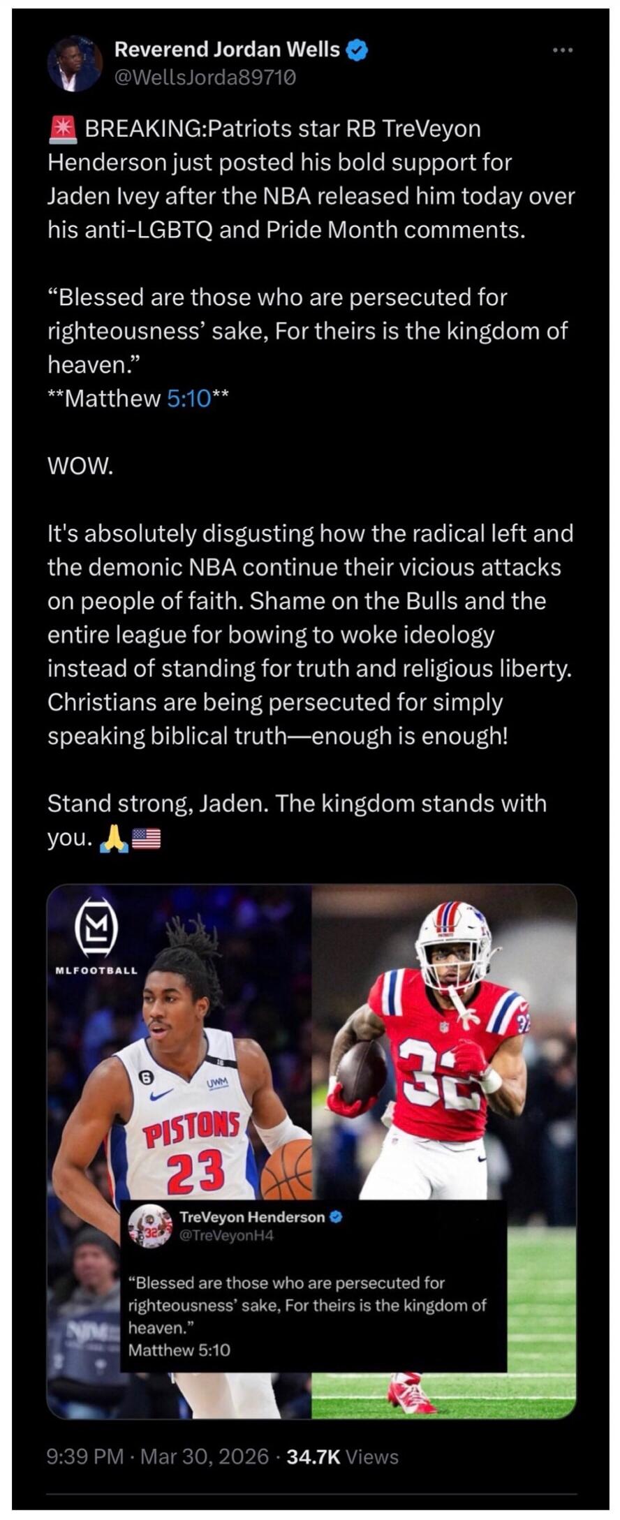 Reverend Jordan Wells @WellsJorda89710 BREAKING: Patriots star RB TreVeyon Henderson just posted his bold support for Jaden Ivey after the NBA released him today over his anti-LGBTQ and Pride Month comments. 
