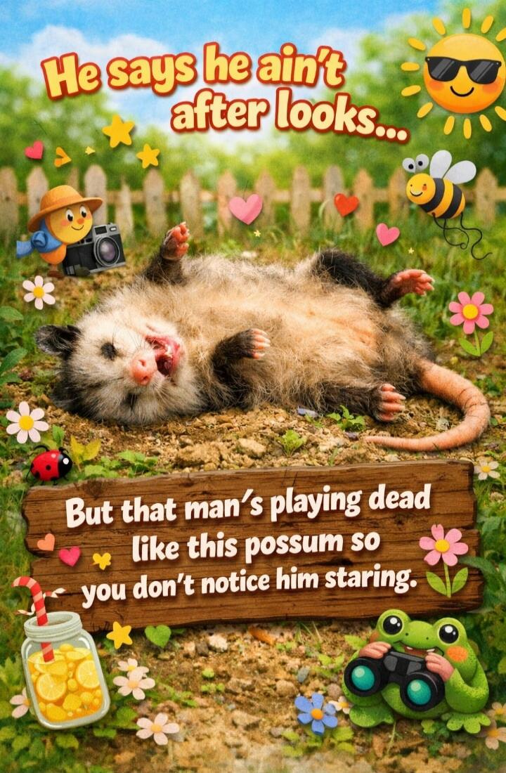 He says he ain't after looks... But that man's playing dead like this possum so you don't notice him staring.