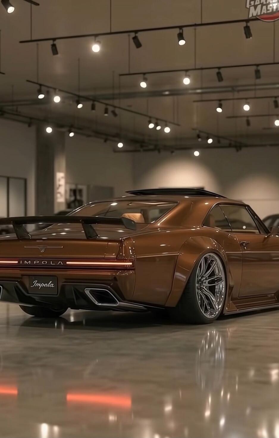 A customized brown classic car, an Impala, is showcased in a garage. The brand 'Garage Master' is visible.
