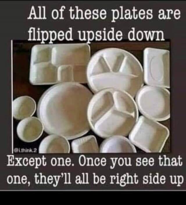All of these plates are flipped upside down Except one. Once you see that one, they'll all be right side up @i.think.2