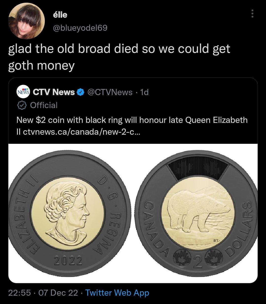 FEEL RGNl N ol e T Ro T RIGRIN eV F 514 goth money crvnewso New 2 coin with black ring will honour late Queen Elizabeth Il ctvnewscacanadanew 2 c 55 07 Twitter Web App