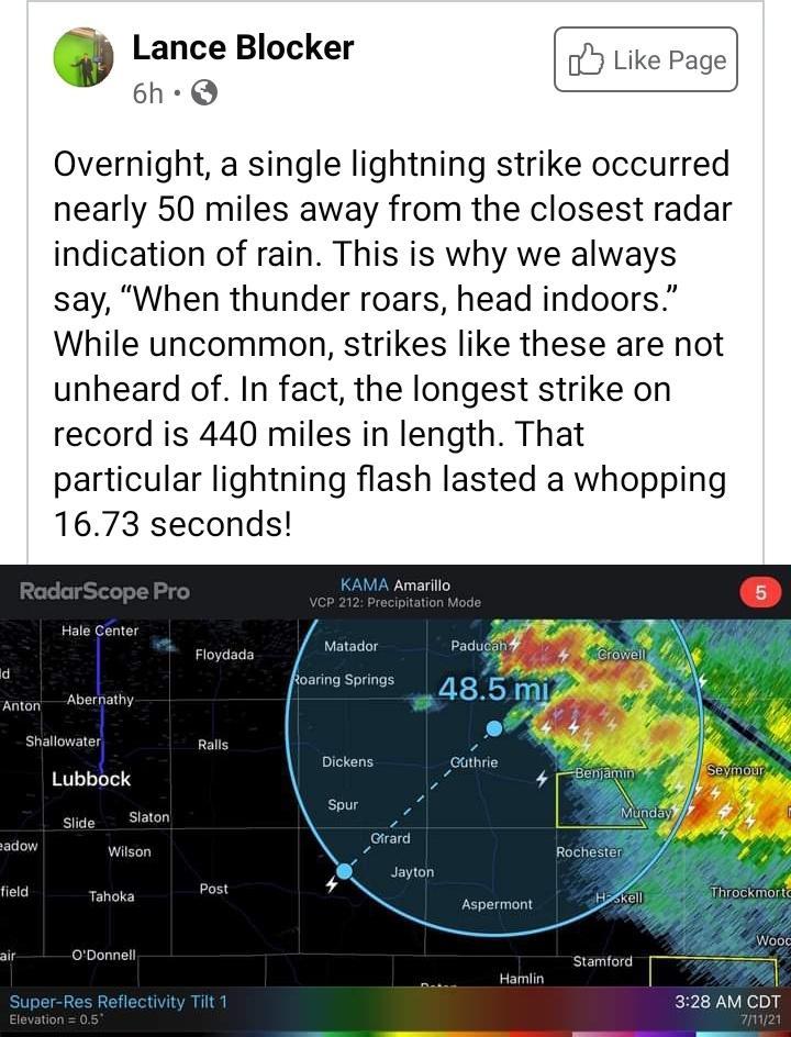 s Lance Blocker 6h Q Overnight a single lightning strike occurred nearly 50 miles away from the closest radar indication of rain This is why we always say When thunder roars head indoors While uncommon strikes like these are not unheard of In fact the longest strike on record is 440 miles in length That particular lightning flash lasted a whopping 1673 seconds Matador Daduc fmwu