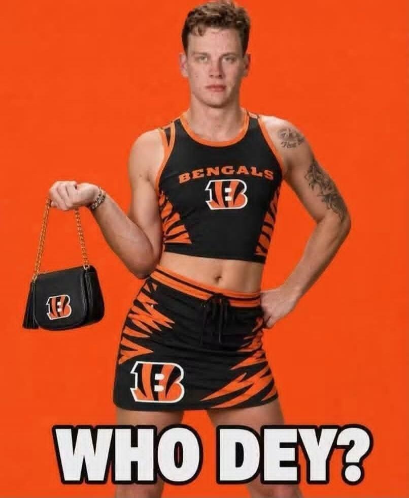 BENGALS. WHO DEY? A man, likely Joe Burrow, is depicted in a humorous image wearing a black and orange crop top and mini skirt with Cincinnati Bengals branding. He is holding a small black purse.