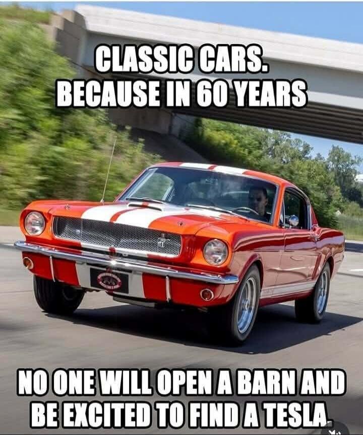 CLASSIC CARS. BECAUSE IN 60 YEARS NO ONE WILL OPEN A BARN AND BE EXCITED TO FIND A TESLA