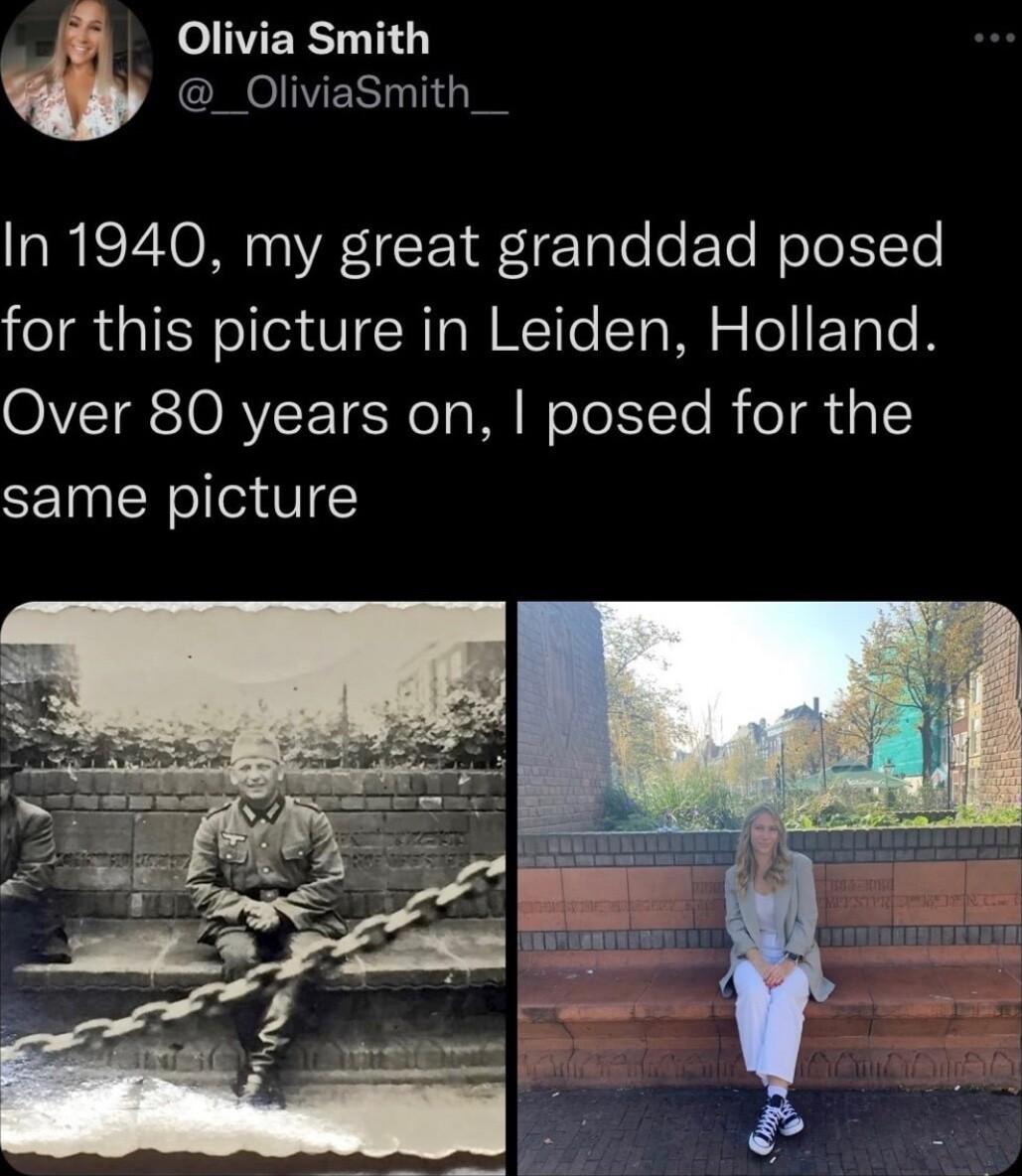 e VERST G OIVER T In 1940 my great granddad posed for this picture in Leiden Holland Over 80 years on posed for the same picture