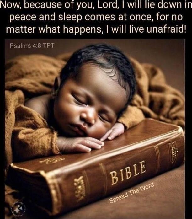 Now, because of you, Lord, I will lie down in peace and sleep comes at once, for no matter what happens, I will live unafraid!\nPsalms 4:8 TPT\nBible\nSpread The Word