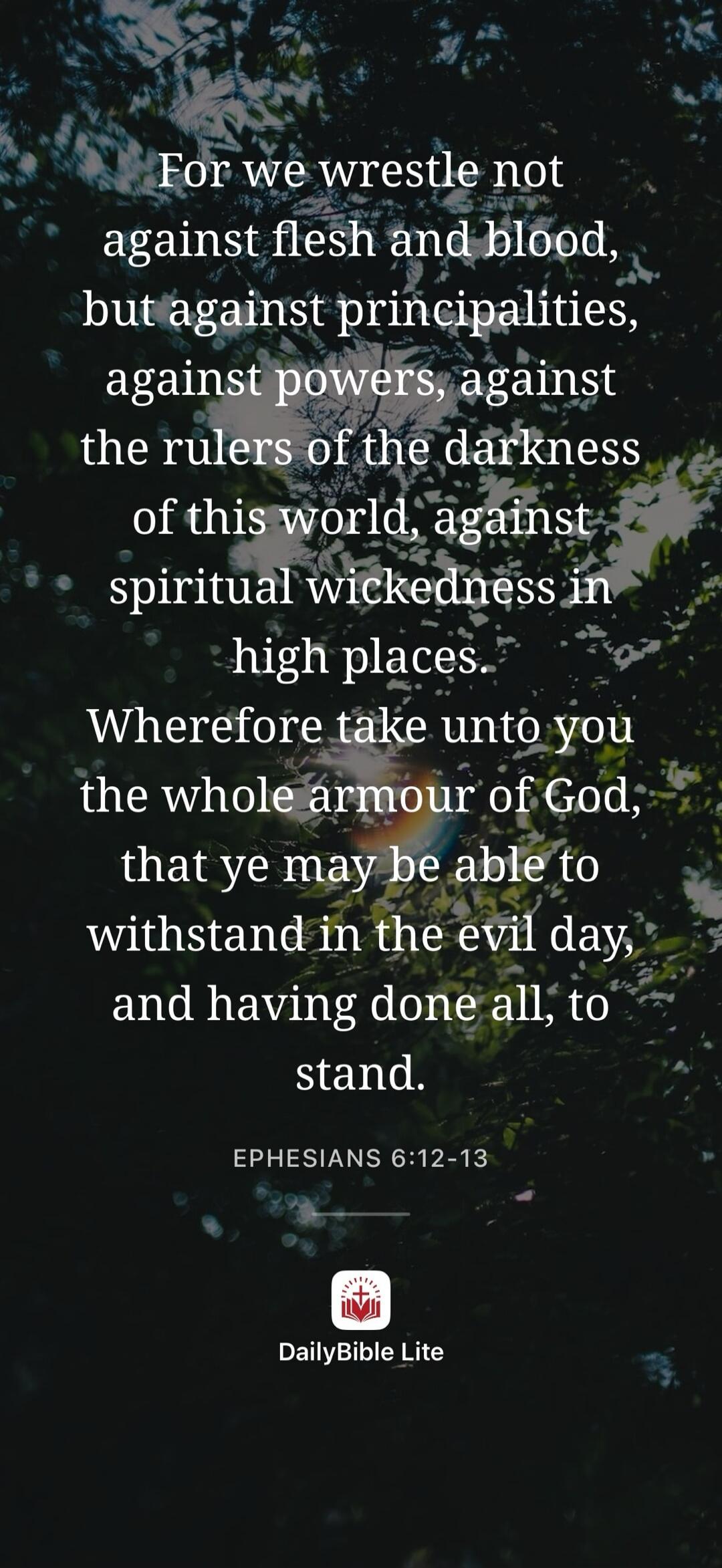 For we wrestle not against flesh and blood, but against principalities, against powers, against the rulers of the darkness of this world, against spiritual wickedness in high places. Wherefore take unto you the whole armour of God, that ye may be able to withstand in the evil day, and having done all, to stand. EPHESIANS 6:12-13 DailyBible Lite