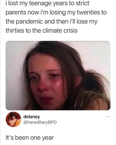 i lost my teenage years to strict parents now im losing my twenties to the pandemic and then ill lose my thirties to the climate crisis delaney hereditaryBPD Its been one year