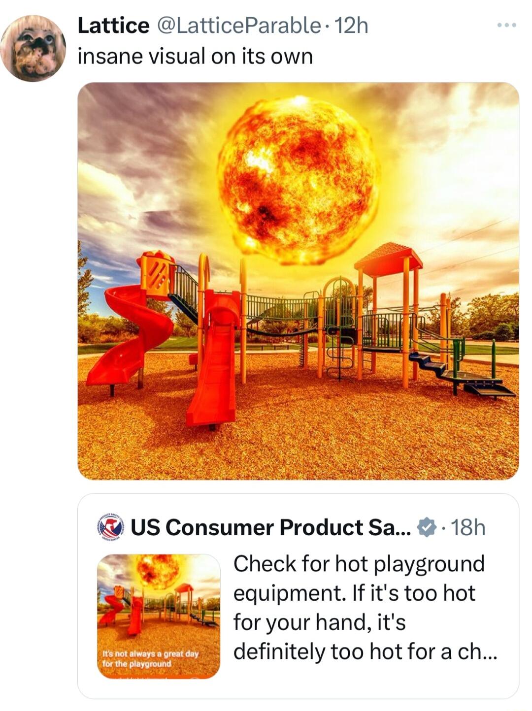 Lattice LatticeParable 12h w insane visual on its own US Consumer Product Sa 18h Check for hot playground m equipment If its too hot m for your hand its u deflnltely too hot forach