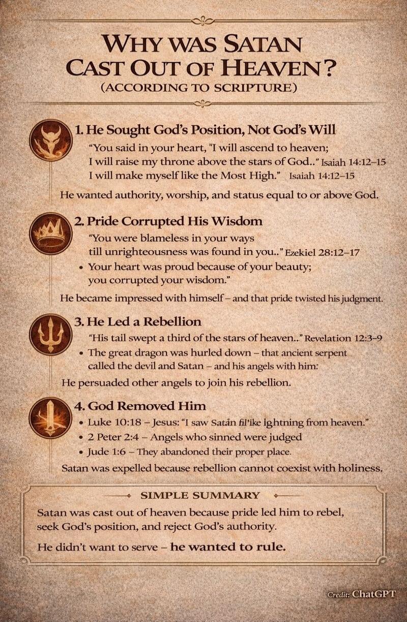 Why was Satan Cast out of Heaven? (According to Scripture)

1. He Sought God’s Position, Not God’s Will
