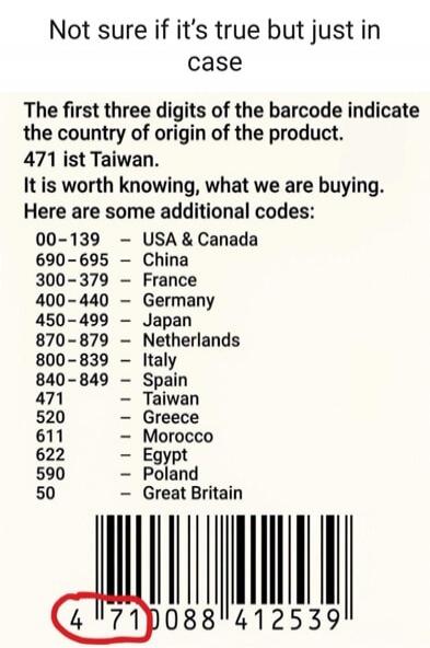 Not sure if it's true but just in case. The first three digits of the barcode indicate the country of origin of the product. 471 is Taiwan. It is worth knowing what we are buying. Here are some additional codes: 00-139 - USA & Canada, 690-695 - China, 300-379 - France, 400-440 - Germany, 450-499 - Japan, 870-879 - Netherlands, 800-839 - Italy, 840-