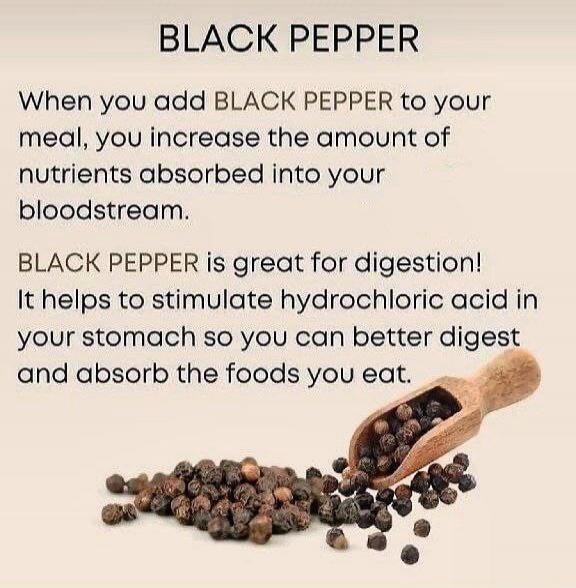 BLACK PEPPER
When you add BLACK PEPPER to your meal, you increase the amount of nutrients absorbed into your bloodstream.
BLACK PEPPER is great for digestion!
It helps to stimulate hydrochloric acid in your stomach so you can better digest and absorb the foods you eat.