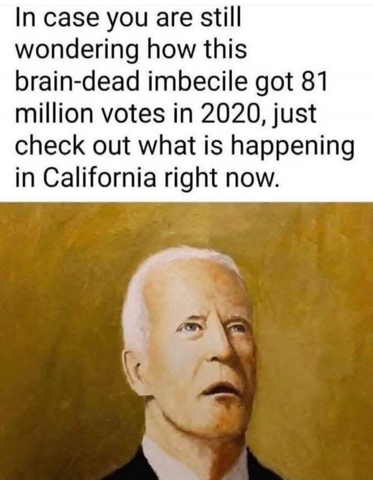 In case you are still wondering how this brain-dead imbecile got 81 million votes in 2020, just check out what is happening in California right now.