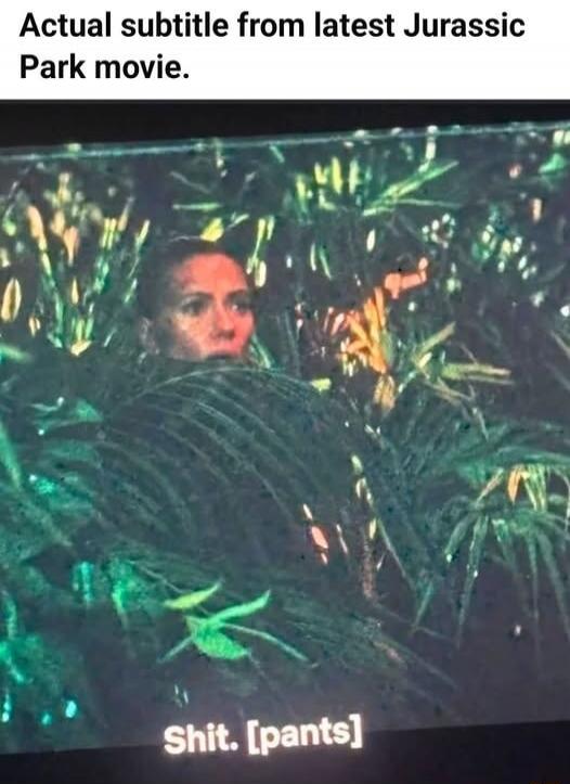 Actual subtitle from latest Jurassic Park movie.
Shit. [pants]