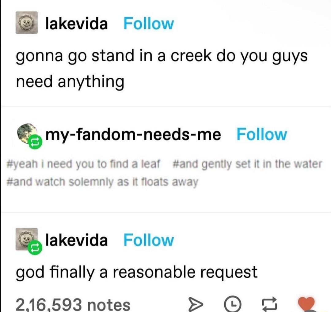 lakevida Follow gonna go stand in a creek do you guys need anything my-fandom-needs-me Follow #yeah i need you to find a leaf #and gently set it in the water #and watch solemnly as it floats away lakevida Follow god finally a reasonable request 2,16,593 notes