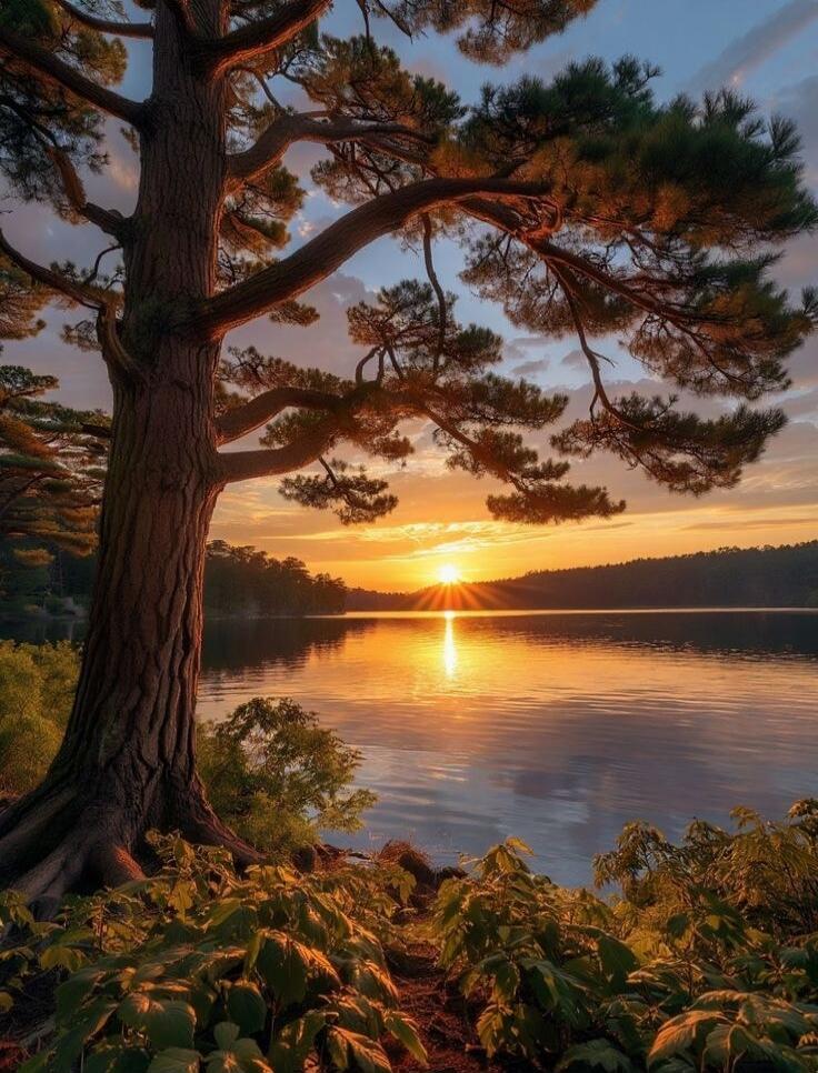 Sunset over a calm lake with a large tree in the foreground.