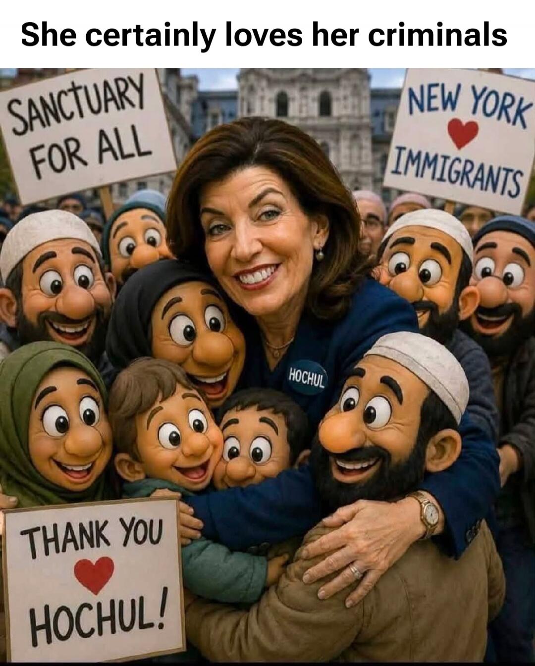 She certainly loves her criminals. SANCTUARY FOR ALL. NEW YORK ❤️ IMMIGRANTS. THANK YOU ❤️ HOCHUL! HOCHUL.