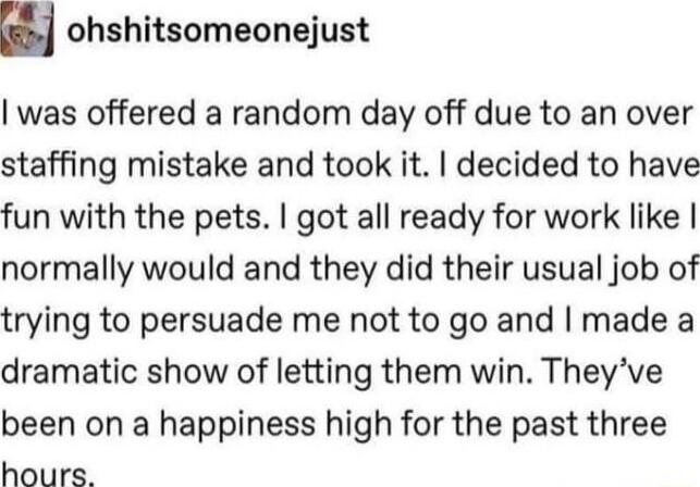 m ohshitsomeonejust was offered a random day off due to an over staffing mistake and took it decided to have fun with the pets got all ready for work like normally would and they did their usual job of trying to persuade me not to go and made a dramatic show of letting them win Theyve been on a happiness high for the past three hours