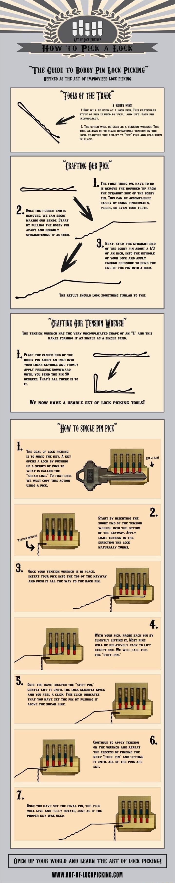 7 TS THE GUIDE T0 BOBBY PIN LoCK PicKiNG DEFINED AS THE ART OF IMPROVISED LOCK PIOKING To0tS 6F THE ThADE CRAFTING OUR TENSIoN hehcH T NS WRCRCH HAS THE VERY UREOMPLCATED swAPE o A L ARD s WE NOW HAVE A USABLE SET OF LOCK PICKING TooLS How 7O SieLE P PIY OPEN UP YOUR WORLD AND LEARN THE ART OF LOCK PICKING WWWART OF LOCKPICKINGCOM