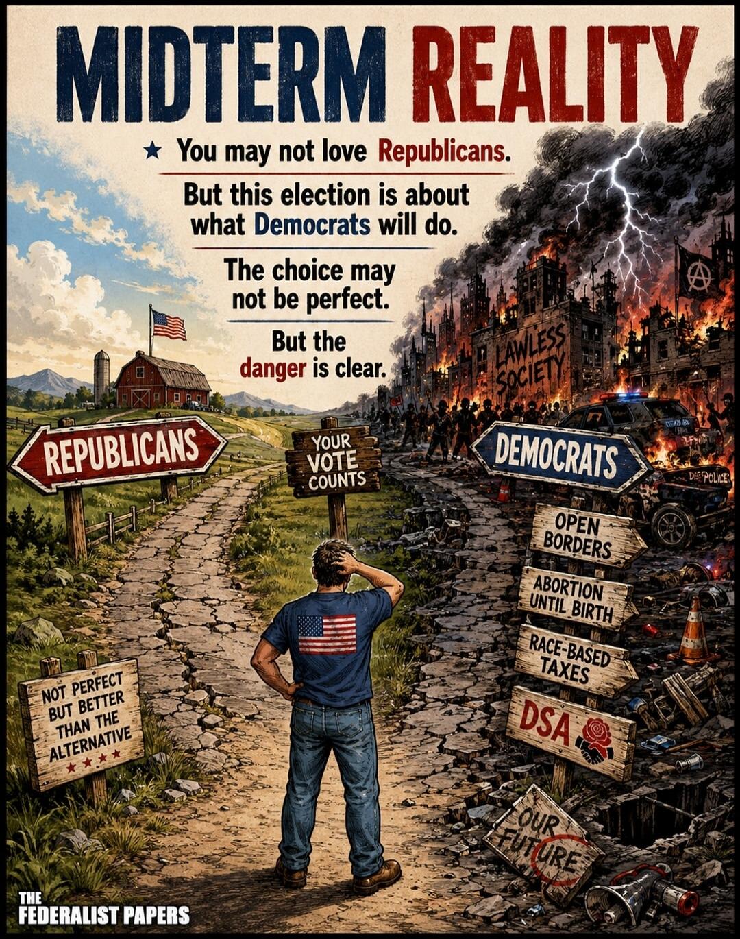 MIDTERM REALITY You may not love Republicans. But this election is about what Democrats will do. The choice may not be perfect. But the danger is clear. REPUBLICANS YOUR VOTE COUNTS NOT PERFECT BUT BETTER THAN THE ALTERNATIVE LAWLESS SOCIETY DEMOCRATS OPEN BORDERS ABORTION UNTIL BIRTH RACE-BASED TAXES DSA OUR FUTURE THE FEDERALIST PAPERS