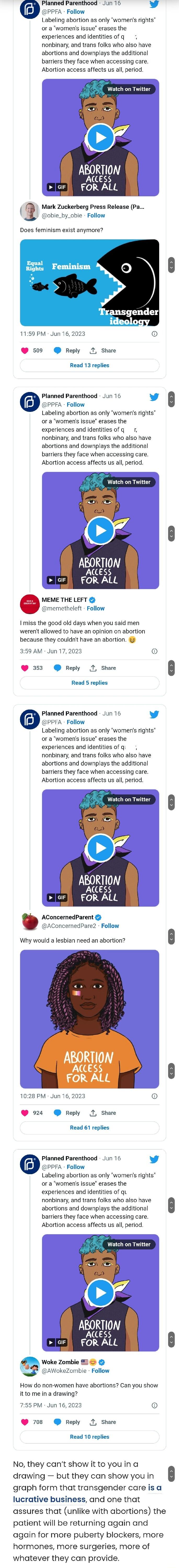 Planned Parenthood Jun 16 PPFA Follow Labeling abortion as only womens rights or a womens issue erases the experiences and identitiesofq nonbinary and trans folks who also have abortions and downplays the additional barriers they face when accessing care Abortion access affects us all period Watch on Twitter ABORTION 333 arl FOR ALL r Mark Zuckerberg Press Release Pa obie_by_obie Follow Does femin