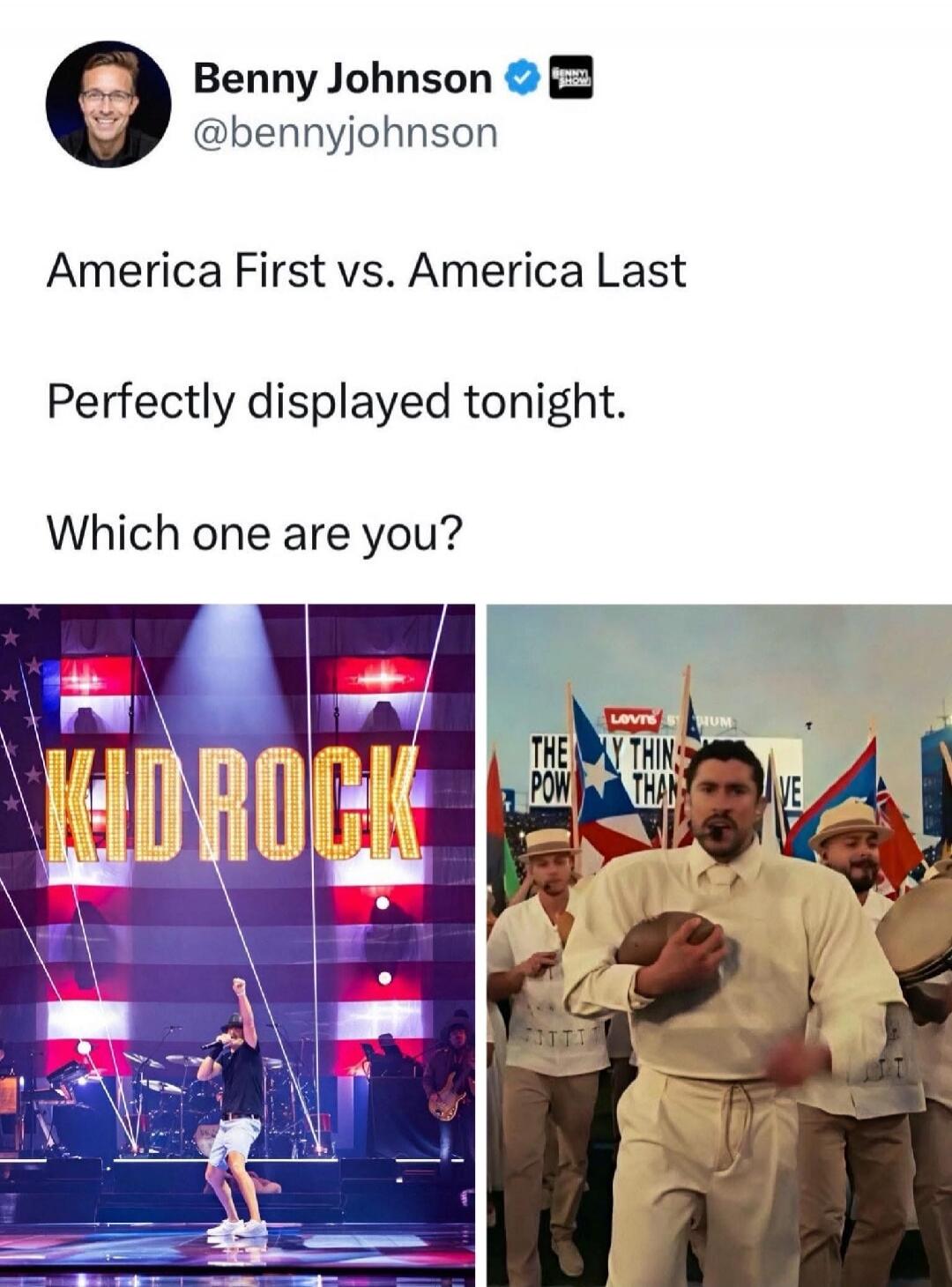 America First vs. America Last

Perfectly displayed tonight.

Which one are you?

[KID ROCK on left; right image shows a man in white with people around him]