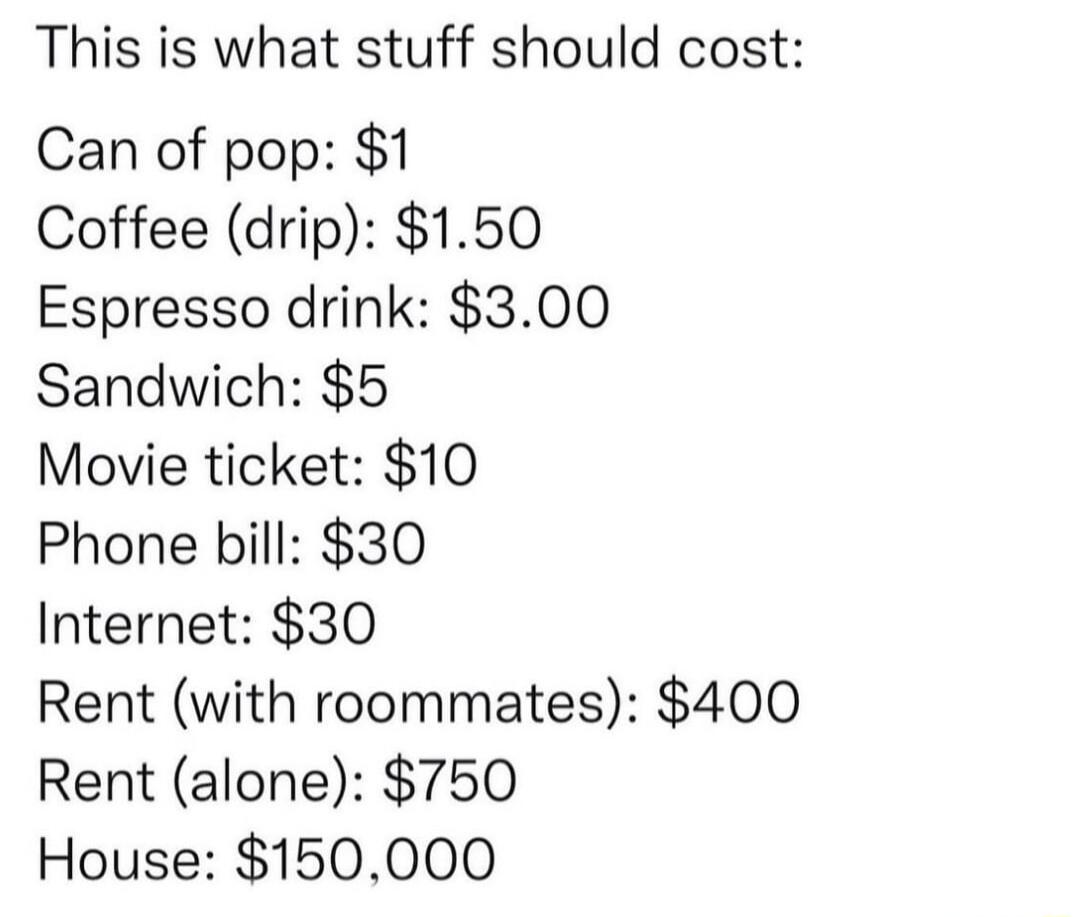 This is what stuff should cost Can of pop 1 Coffee drip 150 Espresso drink 300 Sandwich 5 Movie ticket 10 Phone bill 30 Internet 30 Rent with roommates 400 Rent alone 750 House 150000