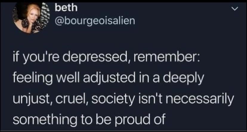 if youre depressed remember feeling well adjusted in a deeply unjust cruel society isnt necessarily SelnncliplipleRteY oK el ol Kold
