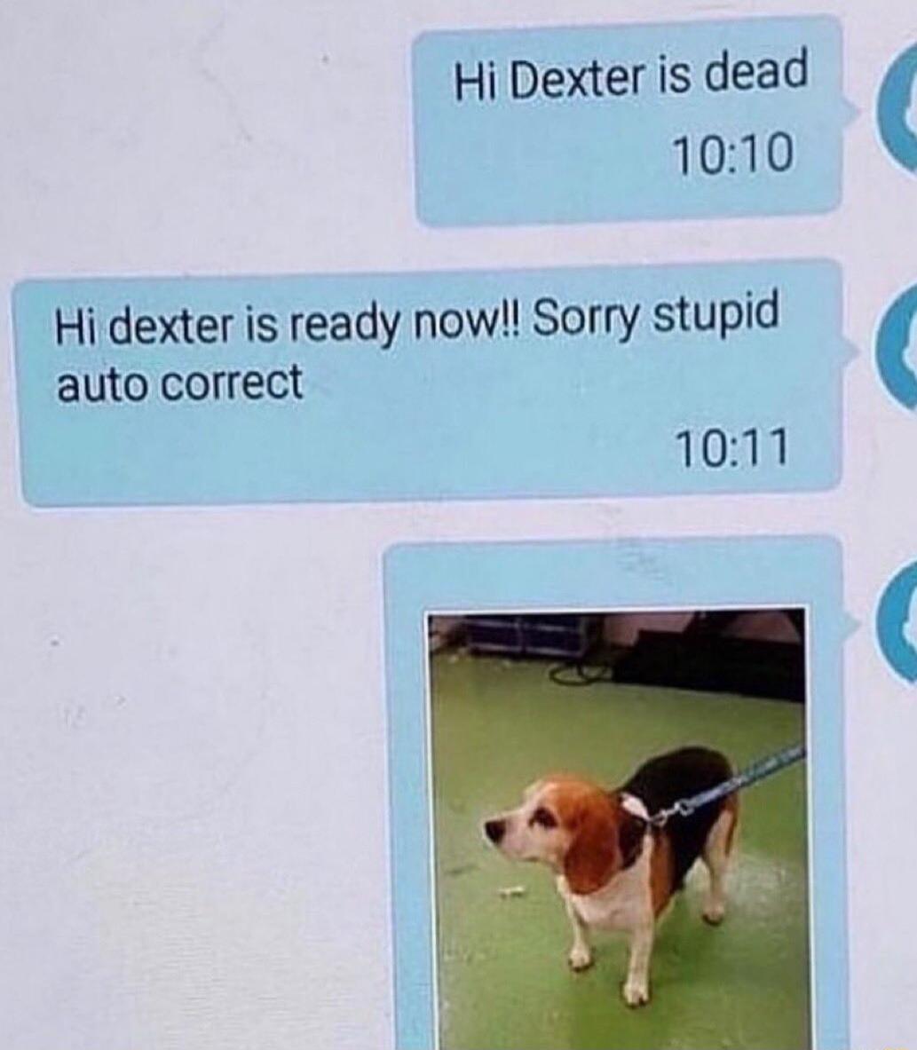 Hi Dexter is dead 1010 Hidexter is ready now Sorry stupid auto correct 1011