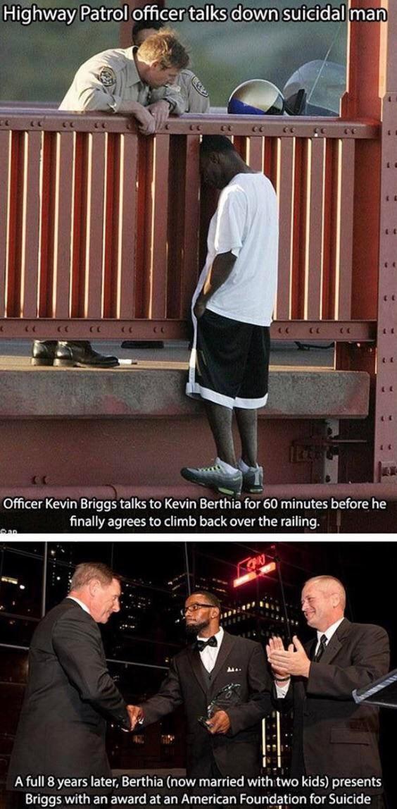 HighwayPatrol officertalks downsuicidaliman Officer Kevin Briggs talks to Kevin Berthia for 60 minutes before he finally agrees to climb back over the railing LSS ZET S EIC A E GIEN G IVER TGS RVIG RV ST BRI Briggs with an award at an American Foundation for Suicide
