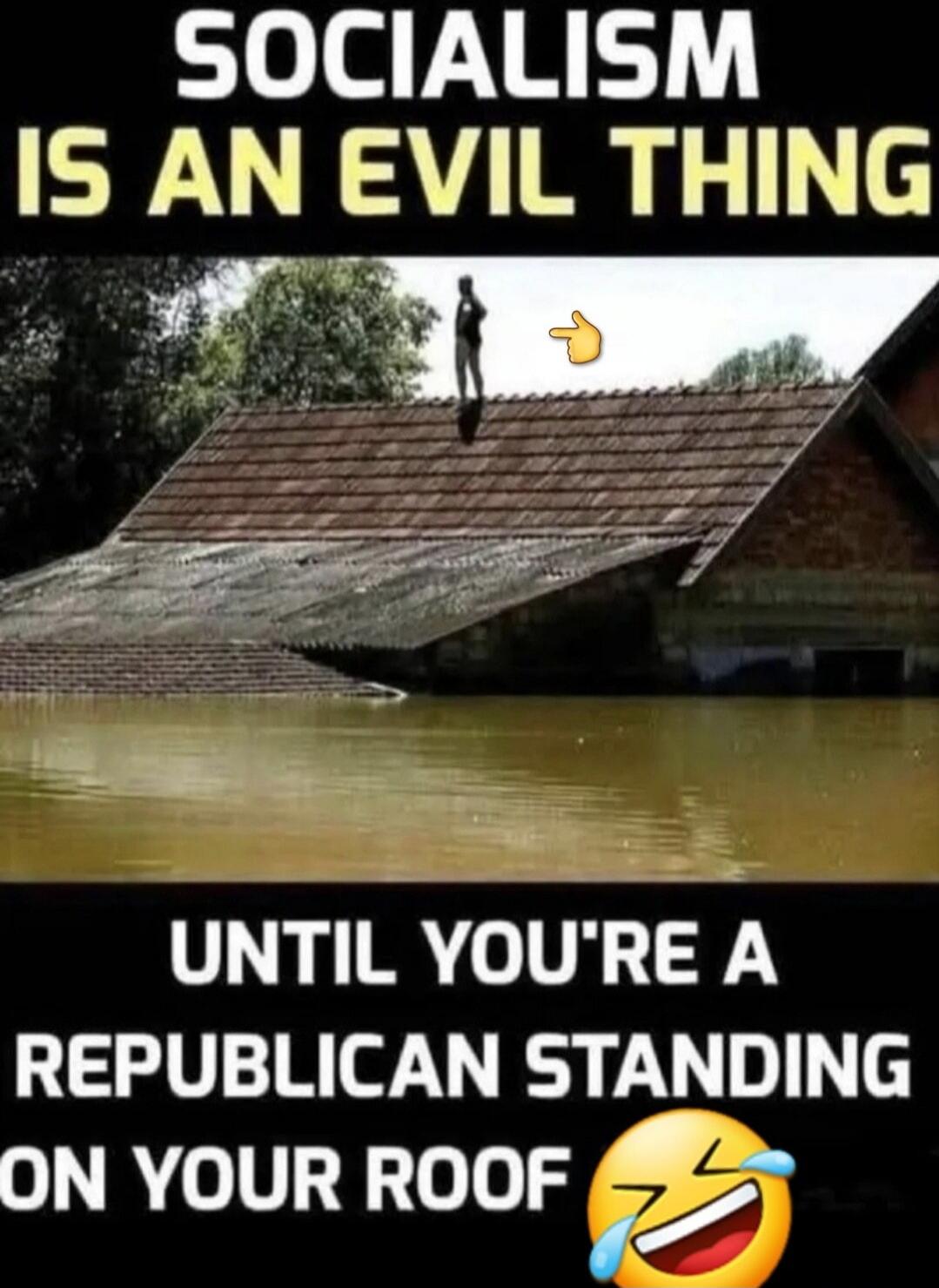 SOCIALISM IS AN EVIL THING UNTIL YOU'RE A REPUBLICAN STANDING ON YOUR ROOF