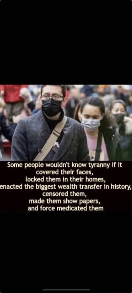 Some people wouldn't know tyranny if it covered their faces, locked them in their homes, enacted the biggest wealth transfer in history, censored them, made them show papers, and forced medicated them.
