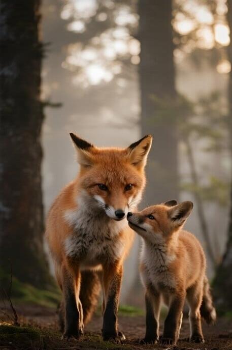 Two foxes in a forest share a gentle moment, with one fox nuzzling the other.